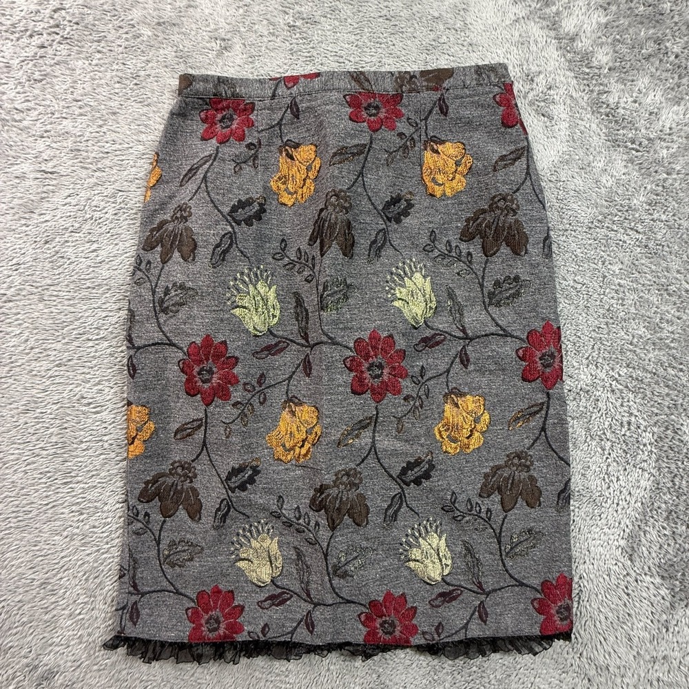Central Falls Wool Blend Floral Embroidered Skirt Womens 4 Gray Art To Wear